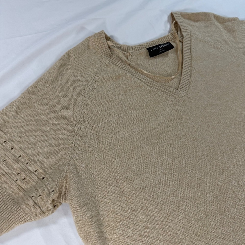 Lane Bryant Tan Beige Pointelle V-Neck Short Sleeve Sweater Top‎ 18/20 A83820